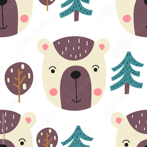 Colorful seamless pattern with cute animals - bear  bears head in forest. Vector. Kids illustration for nursery. Perfect for baby clothes  greeting card  wrapping. Pattern is cut  no clipping mask.