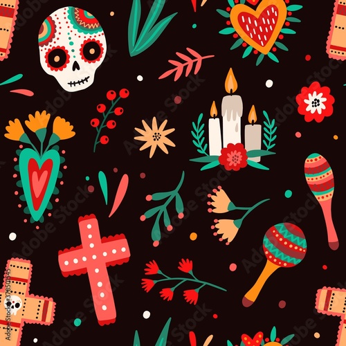 Day of dead traditional Mexican holiday seamless pattern. National attributes...