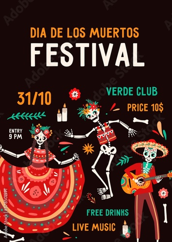 Dia de los muertos festival poster vector flat illustration. Traditional Mexican holiday party invitation with place for text. Skeletons in national Hispanic costumes with festive attributes