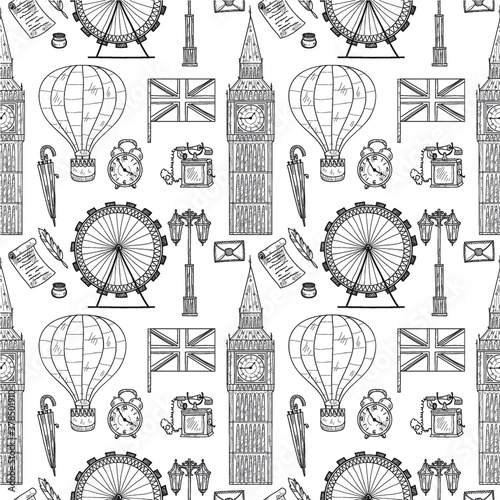 Seamless pattern with Welcome to Great Britain hand drawn icons. Doodle vector United Kingdom related collection