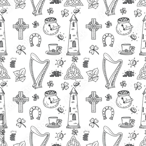 Seamless pattern with Ireland related hand drawn icons including irish round tower and others. Doodle vector Ireland related collection