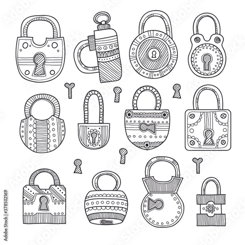 Set of cute hand drawn ornate padlocks. Vector collection