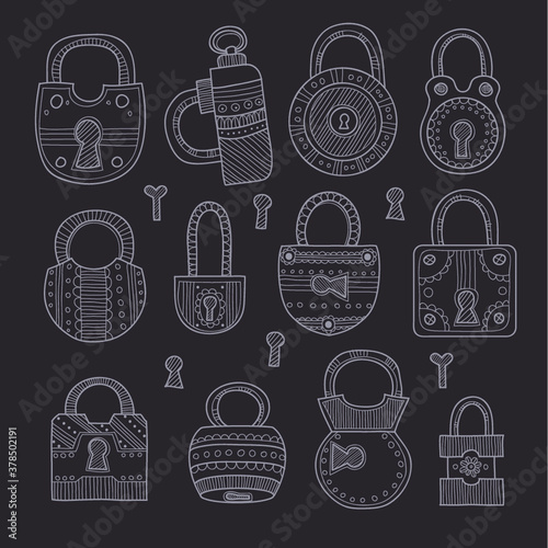 Set of cute hand drawn ornate padlocks. Vector collection
