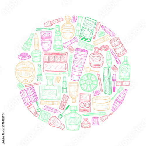 Round composition with make-up products and perfumes. Vector hand drawn make-up collection.