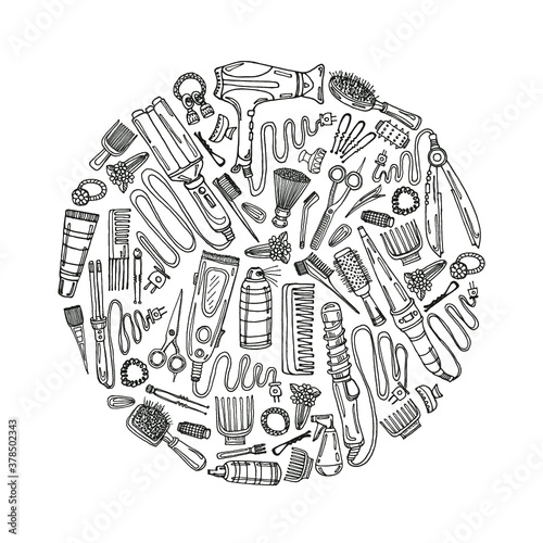 Composition with hair styling including hair dryer, hair straightener, curling iron, comb, hairspray and other tools. Hand drawn vector hair styling collection