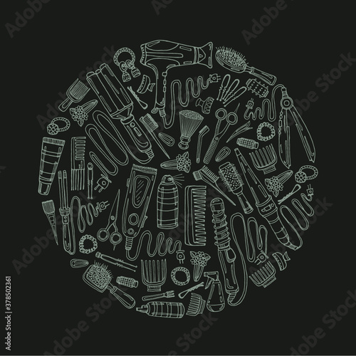 Composition with hair styling including hair dryer, hair straightener, curling iron, comb, hairspray and other tools. Hand drawn vector hair styling collection