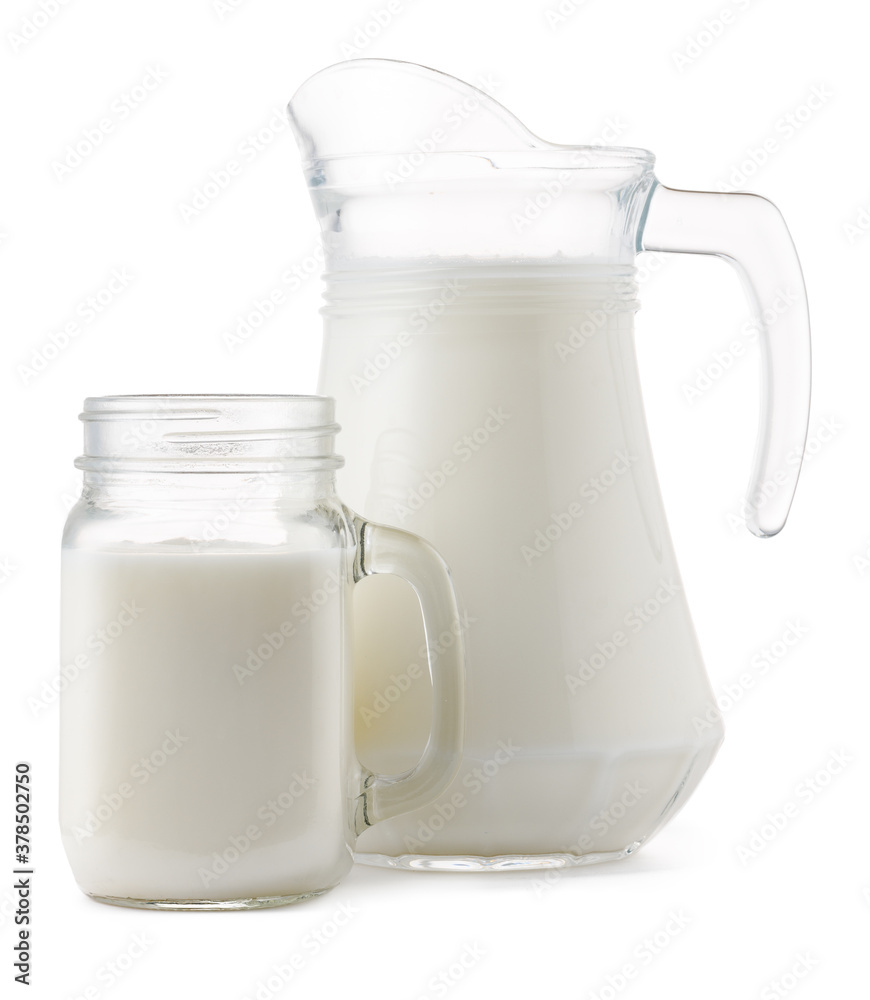 Glass jar and cup of fresh milk isolated Glass jar and cup of fresh milk isolated