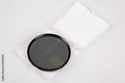 open box of a circular polarizer filter neutral density on a white background