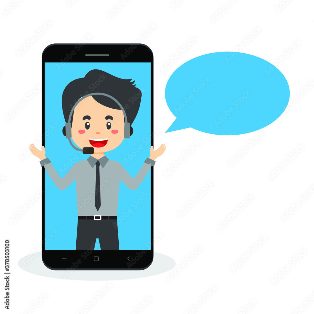 Cartoon Character Call Center Service Wearing Headset Smartphone Screen Cartoon Character Call Center Service Wearing Headset Smartphone Screen