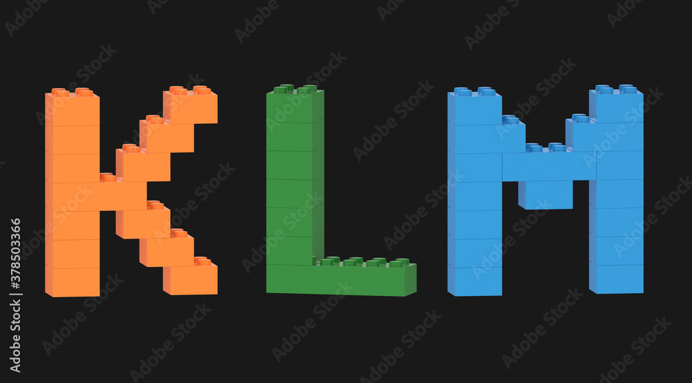 Alphabet letters from colorful plastic toy blocks isolated to solid background