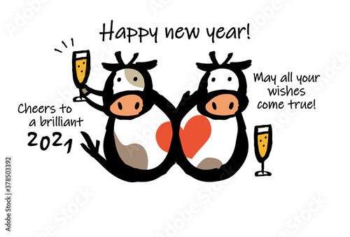 Two Cows With A Heart Symbol Celebrating The New Year