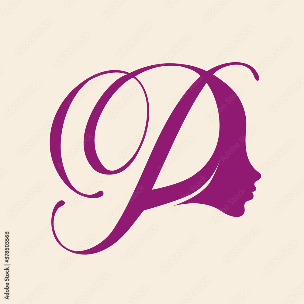 Letter P and woman face silhouette.Beauty and hair salon logo.Cosmetics and spa calligraphic icon.Profile view beautiful female portrait and alphabet initial isolated on light background. Letter P and woman face silhouette.Beauty and hair salon logo.Cosmetics and spa calligraphic icon.Profile view beautiful female portrait and alphabet initial isolated on light background.