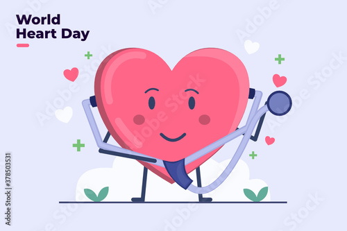 World Heart Day illustration with cute heart character and with stethoscope. International heart Health care awareness at 29 September. Can be used for Poster, banner, flyer, animation, presentation.
