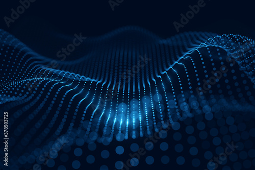 Moving neon blue dots pattern forming a digital network connection on dark background