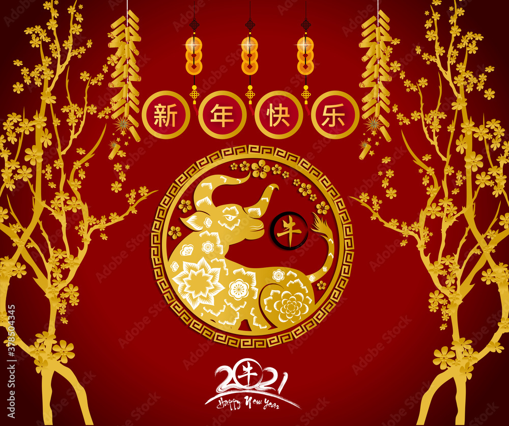 Happy chinese new year 2021 with cherry blossom flower year of the Ox Happy chinese new year 2021 with cherry blossom flower year of the Ox
