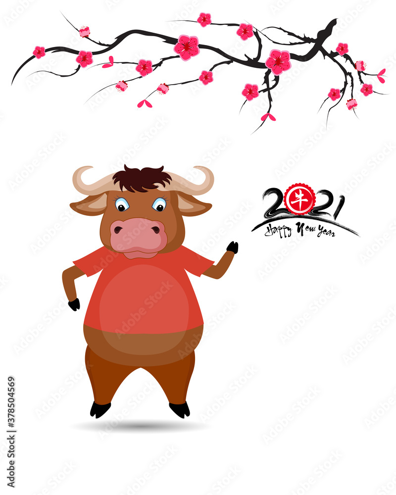 Happy chinese new year 2021 with cherry blossom flower year of the Ox Happy chinese new year 2021 with cherry blossom flower year of the Ox