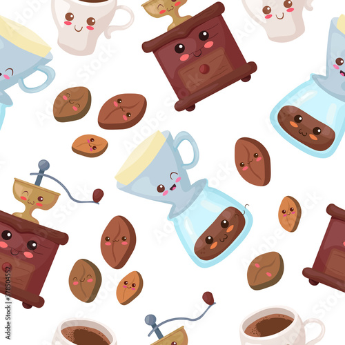 Seamless vector pattern with kawaii coffee beans, cup, machine & filter. Cute food characters illustration food wrapping paper, postcard, textile, background, confectionery, bakery, cafe decoration.