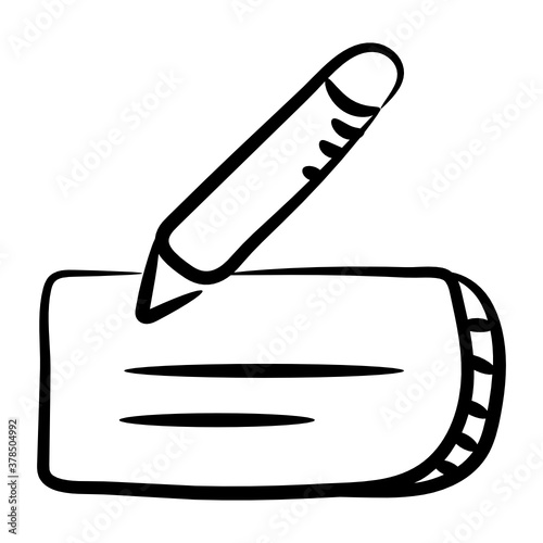 
Doodle icon of cheque book with pencil style, writing cheque 
