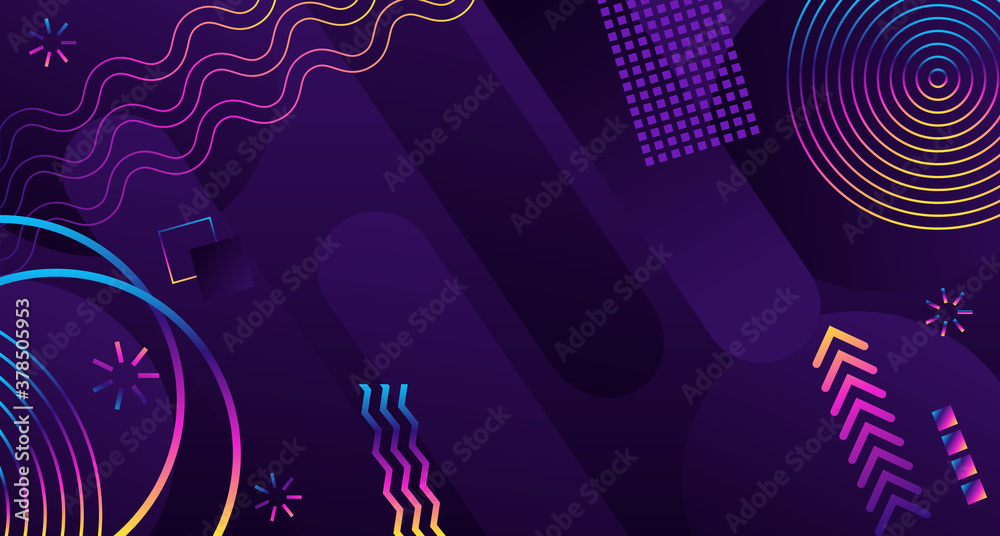 Fototapeta premium Abstract background in modern futuristic style. Banner with chaotic geometric shapes. Rainbow circles and stripes on a dark background.