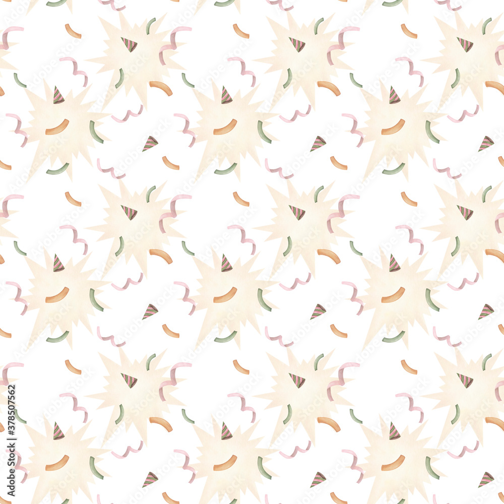 Seamless hand drawn Pattern with atmosphere of Birthday Party with hat confetti on tender background. Watercolor print for textile, scrapbooking paper, greeting cards, invitations, wallpaper. Seamless hand drawn Pattern with atmosphere of Birthday Party with hat confetti on tender background. Watercolor print for textile, scrapbooking paper, greeting cards, invitations, wallpaper.