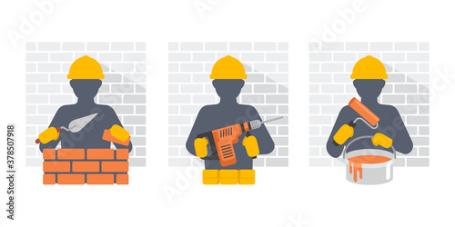 Vector pictures  construction  workers with bricks, drill and paint