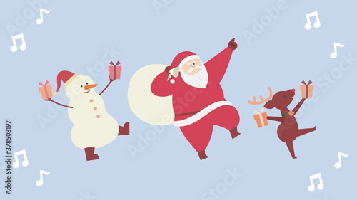 陽気なサンタクロースと雪だるまとトナカイ