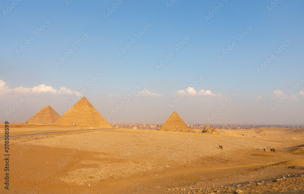 Sunny scenic view of Giza pyramid complex, Cairo, Egypt
