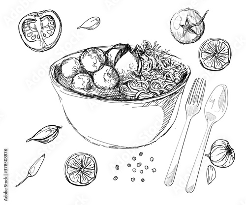 Bakso original indonesian food meatball soup hand drawn sketches white isolation background