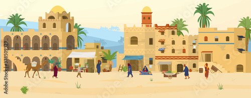 Vector illustration of Middle Eastern Scene. Ancient Arabic City In Desert with traditional mud brick houses and people. Asian Bazaar.  photo