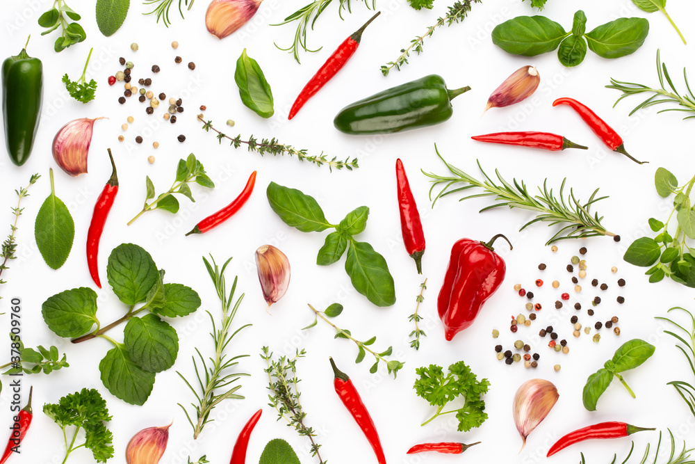 Spice herbal leaves and chili pepper on white background. Vegetables pattern. Floral and vegetables on white background. Top view, flat lay. Spice herbal leaves and chili pepper on white background. Vegetables pattern. Floral and vegetables on white background. Top view, flat lay.