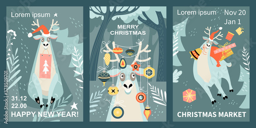 Set of vector Merry Christmas and Happy New Year greeting banners and invitation flyer for the Christmas market with funny reindeer