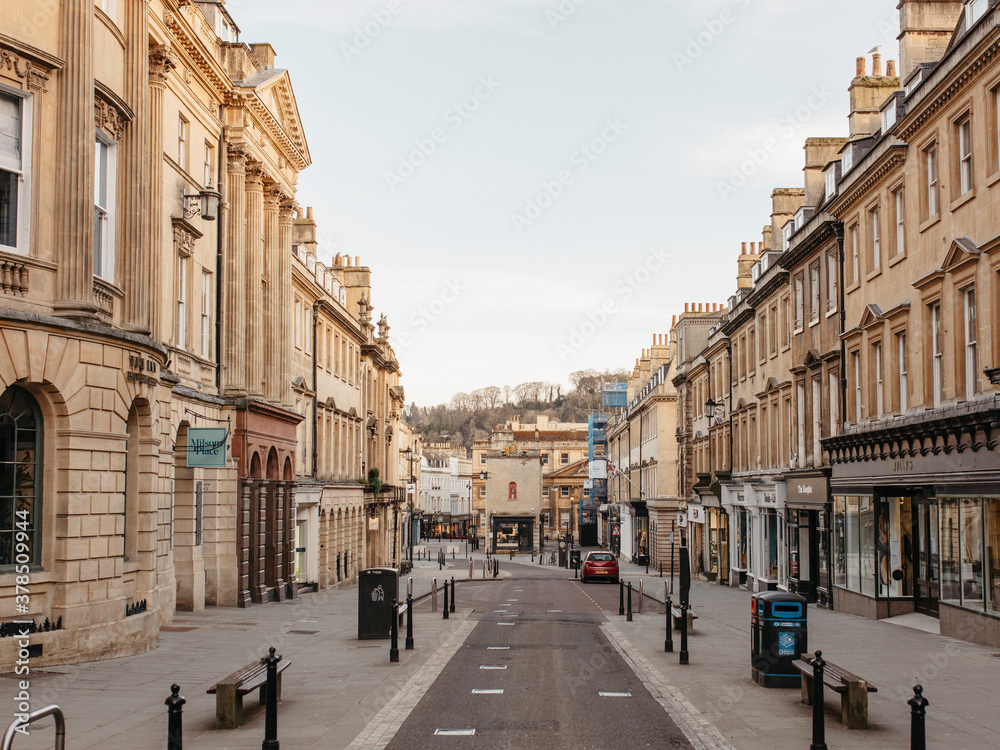 Buildings along empty main street, Bath, Somerset, UK
Buildings along empty main street, Bath, Somerset, UK