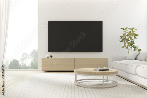 3D rendering of modern living room with TV screen and sofa on nature background.