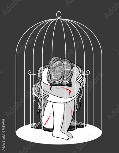 Self-harming teenager locked in a cage, illustration