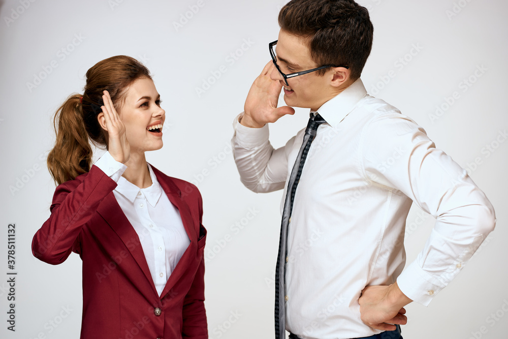 Work colleagues Business couple office officials team studio light background Work colleagues Business couple office officials team studio light background