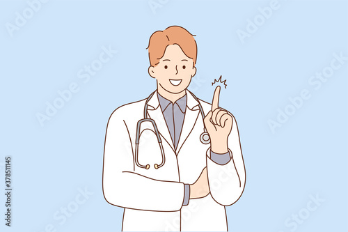 Health, care, denial, prohibition concept. Young happy smiling doctor hospital worker cartoon character standing saying No with finger sign. Rejection denying treatment or medical support illustration