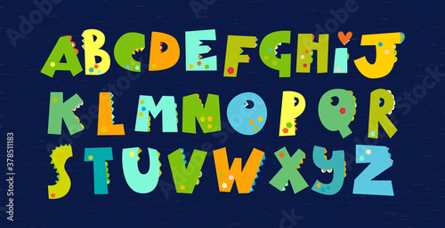 Green dinosaurs alphabet. Font for Dino prints of childrens textiles, Wallpaper, paper for Dino scrapbooking, packaging, invitation card, holidays in the style of monsters, dragons. Vector