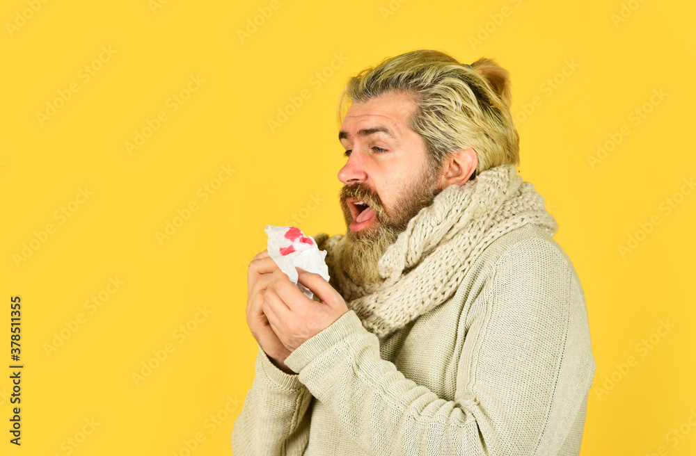 quarantine. Man coughing bloody. pneumonia sickness. sick man got virus