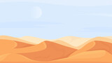 Desert nature landscape in Africa vector illustration. Cartoon flat deserted scenery in summer heat weather, African or Middle East natural sand dune and hills, Sahara desert scene panorama background