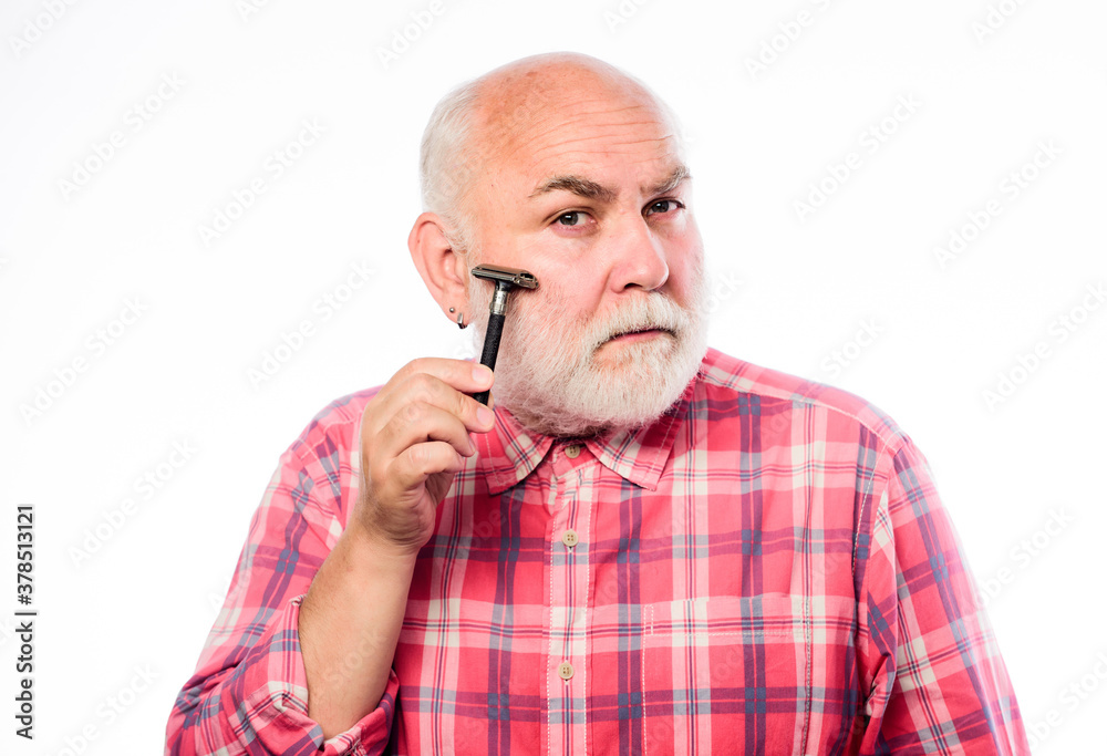 Just me and no one else. barbershop concept. shaving accessories. unshaven old man has moustache and beard. cut and brush hair. mature bearded man isolated on white. shaving razor blade tool kit Just me and no one else. barbershop concept. shaving accessories. unshaven old man has moustache and beard. cut and brush hair. mature bearded man isolated on white. shaving razor blade tool kit