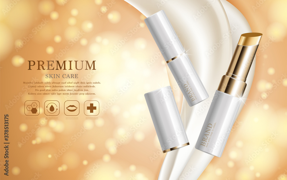 Hydrating facial lipstick for annual sale or festival sale. silver and gold lipstick mask bottle isolated on glitter particles background. Graceful cosmetic ads. Hydrating facial lipstick for annual sale or festival sale. silver and gold lipstick mask bottle isolated on glitter particles background. Graceful cosmetic ads.