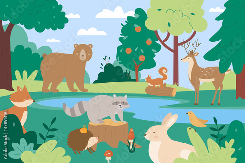 Animals in summer forest vector illustration. Cartoon flat funny animalistic characters enjoy summertime scenic green trees and natural blue lake together, cute forest wild nature scenery background