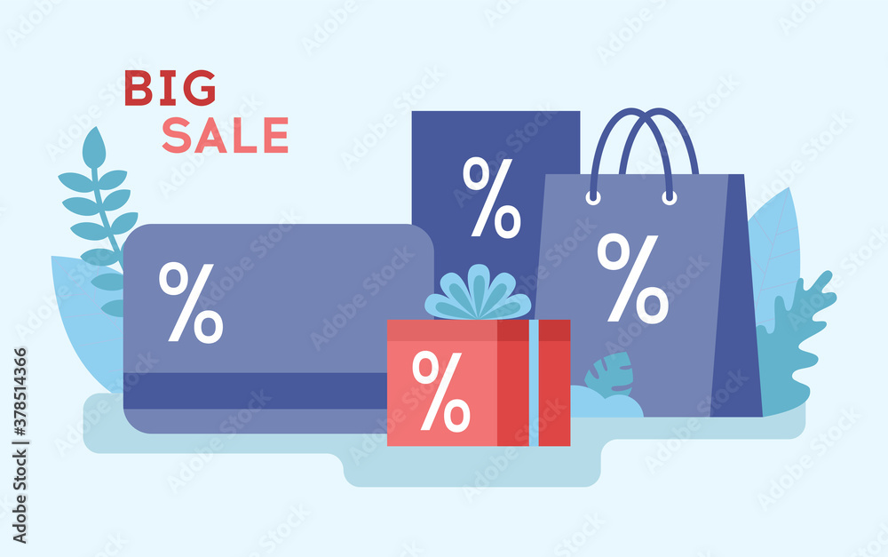 Big, Mega, Super Sale And Money Saving Concept. Big Discount Card, Limited Time Only, Start Now, Hurry Up, Shopping Bags, Credit Card, Various Shopping Stuff. Cartoon Flat Style. Vector Illustration Big, Mega, Super Sale And Money Saving Concept. Big Discount Card, Limited Time Only, Start Now, Hurry Up, Shopping Bags, Credit Card, Various Shopping Stuff. Cartoon Flat Style. Vector Illustration