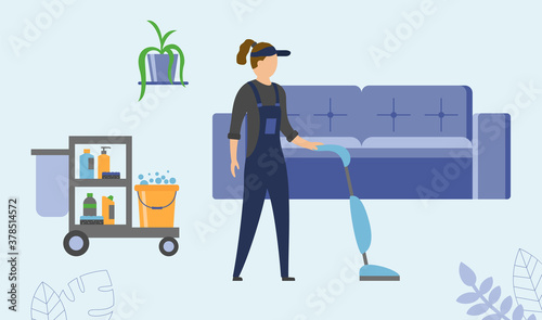 House Cleaning Service Concept. Female Character Dressed In Overall Doing Housework, Vacuuming Carpet. Cart With Cleaning Tools, Bucket With Soapy Water Stands Behind. Flat Style Vector Illustration