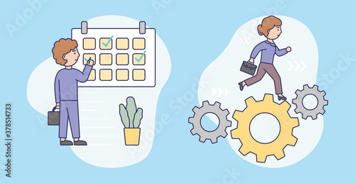 Scheduling, Time Management Concept. Male Character In A Business Suit Sets Priority Tasks, Makes Check Marks On The Calendar. Woman With Briefcase Hurries Up. Cartoon Flat Style Vector Illustration