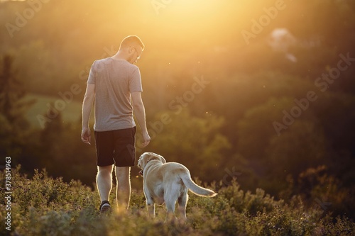 Man with dog walking on meadow at sunset