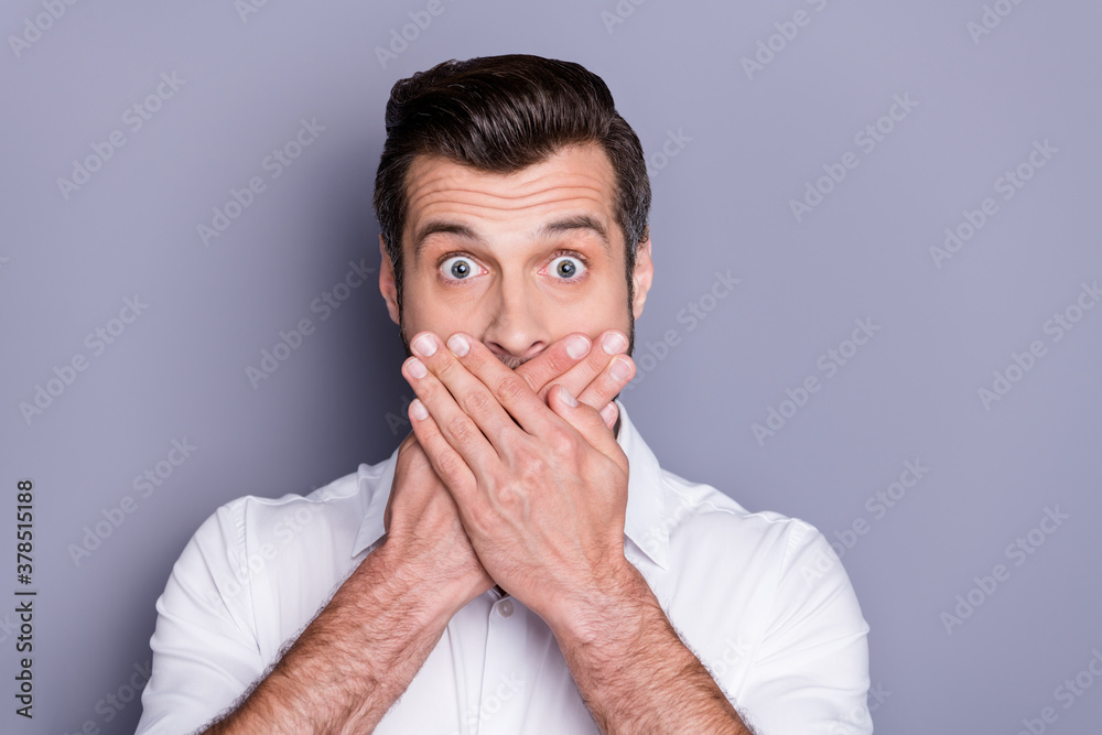 Portrait of astonished manager guy close cover lips tell private novelty impressed wear good look classy outfit isolated over gray color background Portrait of astonished manager guy close cover lips tell private novelty impressed wear good look classy outfit isolated over gray color background