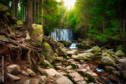 Beautiful scenery of the Wild Waterfall on the   omnica river  Karpacz. Poland