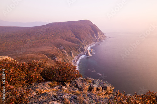 Sikhote-Alin Biosphere Reserve in the Primorsky Territory. Panoramic view of the rocky coastline of the nature reserve during pink sunrise