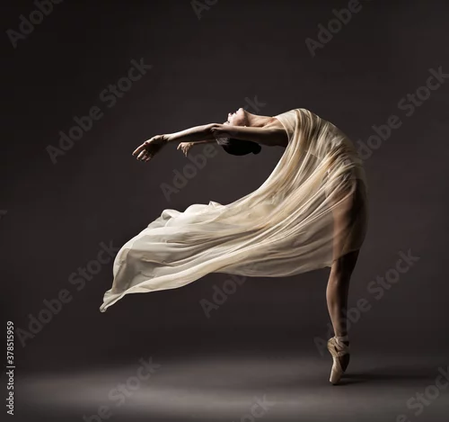 Obraz Ballerina Dancing with Silk Fabric, Modern Ballet Dancer in Fluttering Waving Cloth, Pointe Shoes, Gray Background